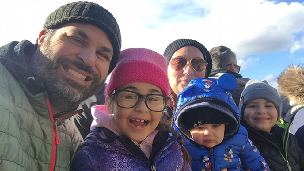 A photo of the Pirovolakis family. L to R: Terry, Zoe, Georgia, Michael, Zach